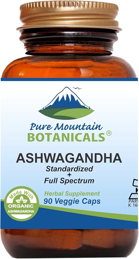 Pure Mountain Botanicals Ashwagandha Capsules - 90 Kosher Vegan Caps with 475mg Organic Ashwagandha Root &amp Potent Ashwagandha Extract