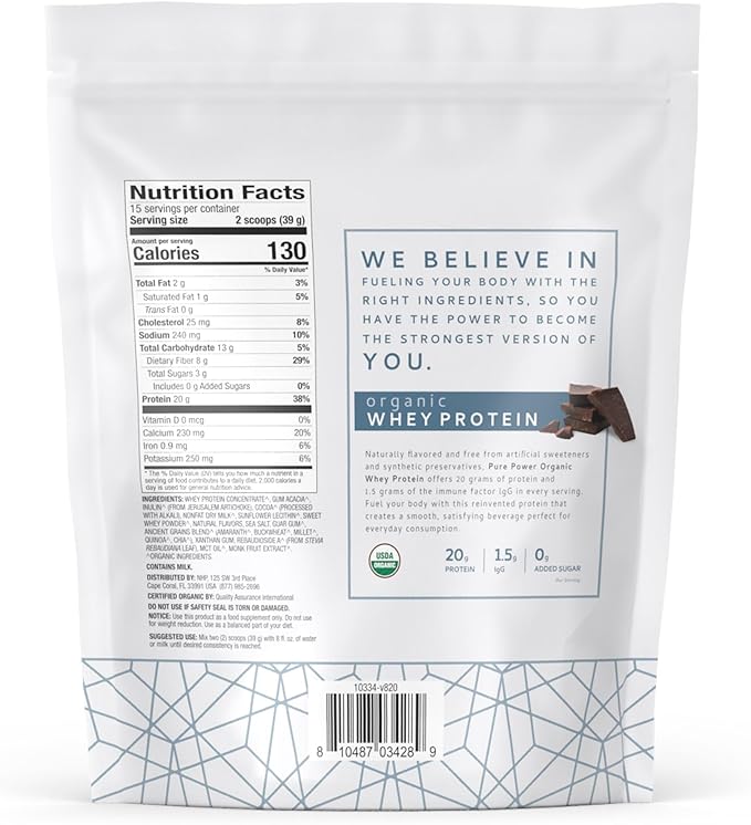 Dr. Mercola Pure Power Organic Whey Protein - 20 g Protein - Supports Muscle Growth &amp Energy - Grass-Fed Whey Concentrate - 15 Servings (20.60 oz) - Chocolate