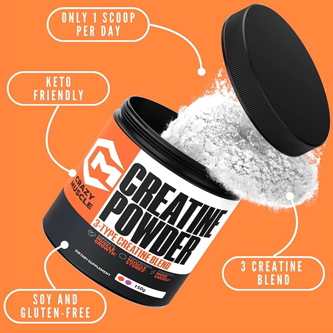 Crazy Muscle Creatine Monohydrate Powder 5000mg Premium 3X ThreeAtine Pre Workout Mass Gainer High Absorption Easy to Take Powder Optimum Performance for Men &amp Women 30 Servings