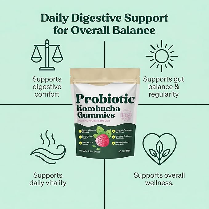 Probiotic Kombucha Gummies with Prebiotics Probiotics &amp Postbiotics – Digestive Support Fiber Gummy Supplement with Slippery Elm Dandelion Root &amp MCT Oil – Vegan Non-GMO 60 Gummies