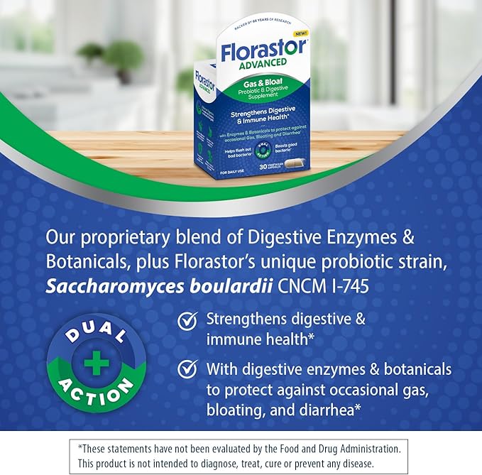 Florastor Advanced Gas and Bloat Probiotic Digestive Enzymes and Botanicals Plus Probiotics for Digestive Health 30 Capsules (Pack of 2)
