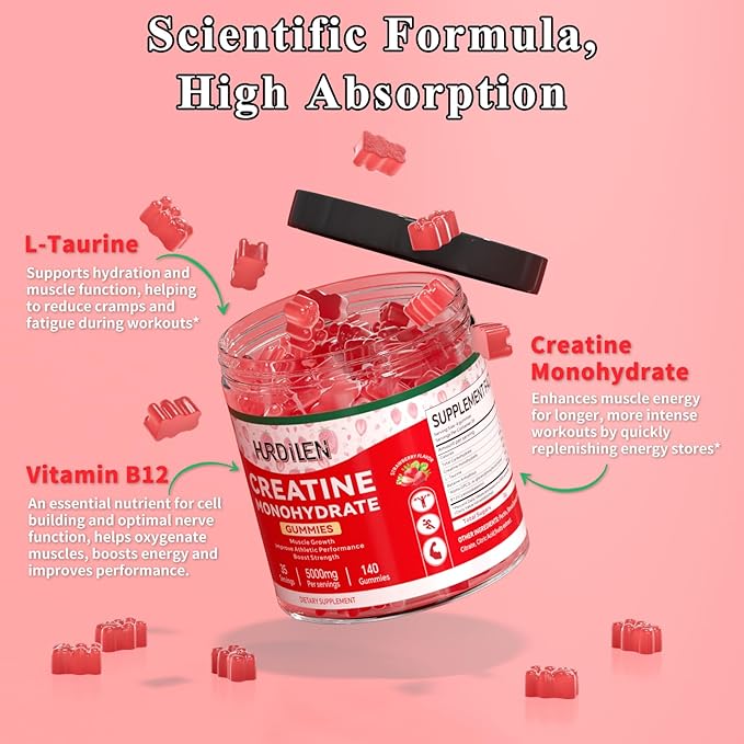 140 Count Creatine Monohydrate Gummies 5000mg Creatine Monohydrate No Sugar Gummies for Women &amp Men with L-Taurine Vitamin B12 for Muscle Strength Muscle Recovery Glute Builder Energy Boost