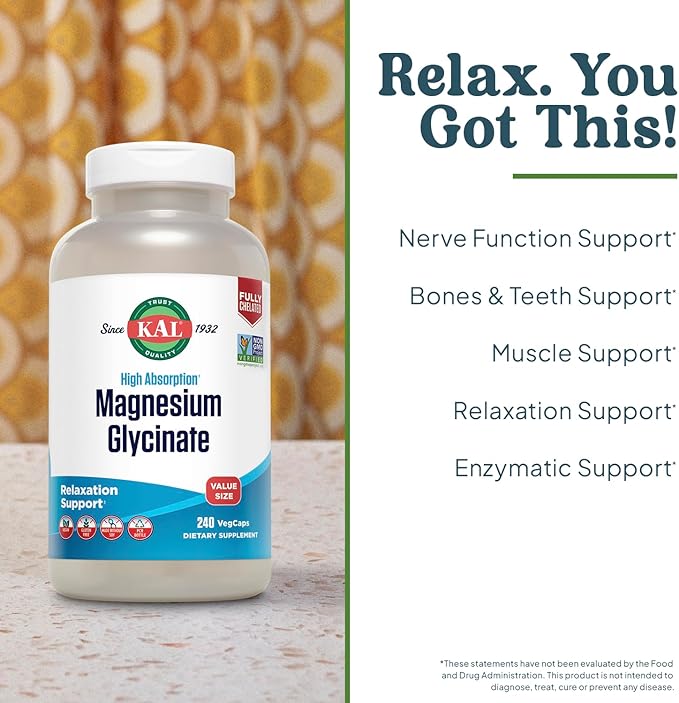 KAL Magnesium Glycinate New &amp Improved Fully Chelated High Absorption Formula with BioPerine Bisglycinate Chelate for Stress Relaxation Muscle &amp Bone Health Support 60 Servings 240 VegCa