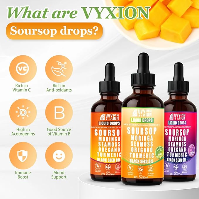 Soursop Bitters Liquid Drops 10 in 1 with Sea Moss Moringa Turmeric Black Seed Oil Oregano Ashwagandha | Herbal Extracts for Overall Health-Enhancing | Vegan Non-GMO | 2 Fl Oz(Mango flavor)