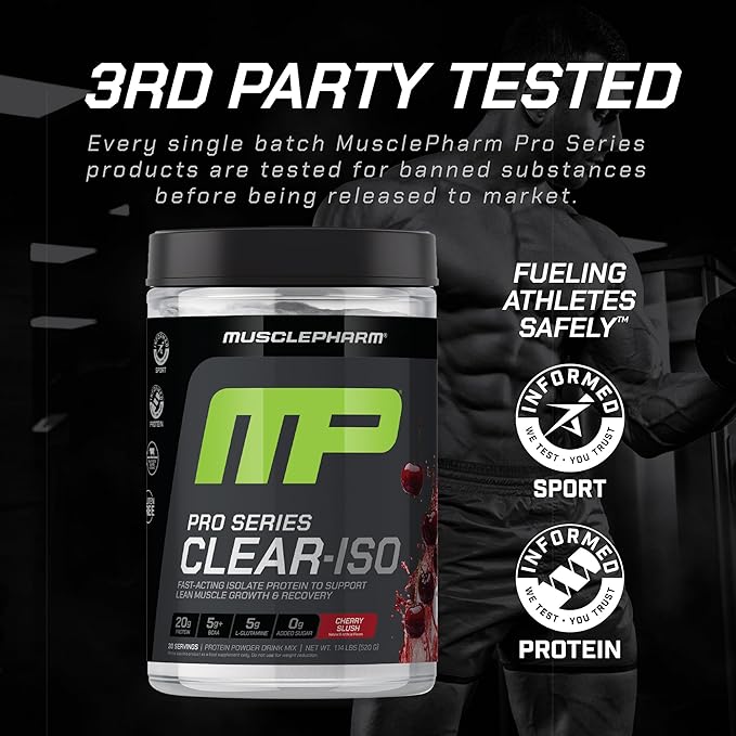 Muscle Pharm Pro Series Clear-ISO Clear Whey Protein Isolate Bundle (Cherry Slush + Sour Peach Rings) | 20g Whey Isolate + BCAAs + EAAs + L-Glutamine (20 Servings Each)