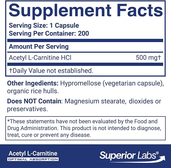 Superior Labs Acetyl L-Carnitine 500 mg High Potency ALCAR Pure Non-GMO Zero Synthetic Additives Maximum Absorption Energy &amp Fat Metabolism Brain Nerve &amp Cellular Detox Support (200 Ve