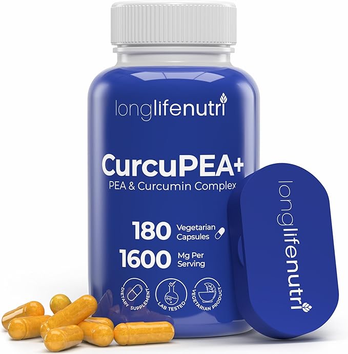 CurcuPEA+ (Palmitoylethanolamide + Turmeric Complex 600mg/1000mg) – Derived from Curcumin Longa 180 Vegetarian Capsules Natural Antioxidant 3-Month Supply GMP Certified Vegan Made in USA