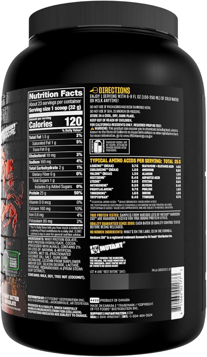 Mutant Harcore ISO Whey Protein Isolate Powder Acts Fast to Help Recover Build Muscle Bulk and Strength 1.6 lb (Peanut Butter Chocolate)