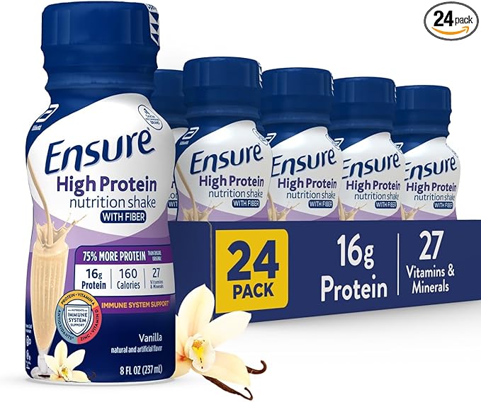 Ensure High Protein Bottled Vanilla Nutrition Shake with Fiber Ready to Drink 16g Protein and 27 Vitamins and Minerals 8 fl oz 24 Pack