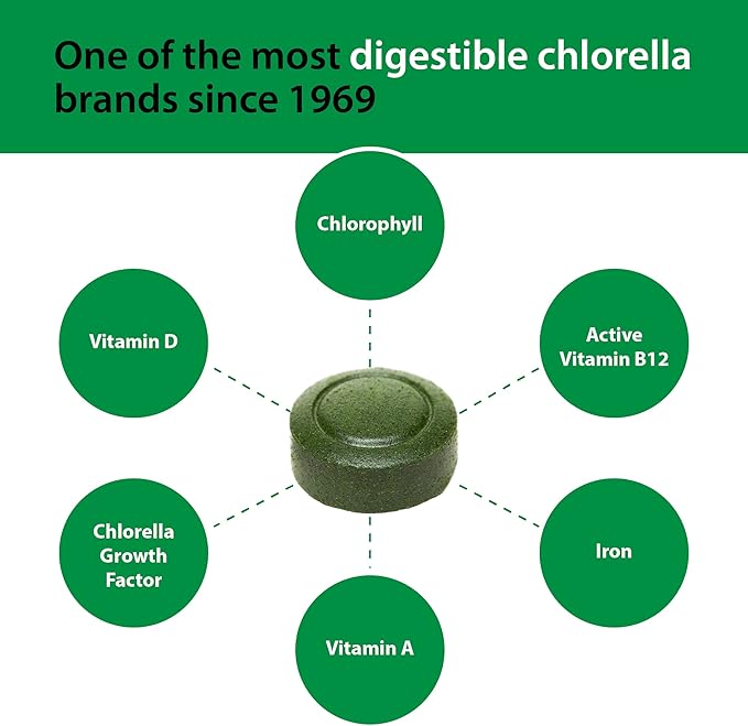 Sun Chlorella 200 mg Green Algae Superfood Supplement - Pulverized Cell Wall - Chlorophyll CGF Active B12 Iron Protein - Non-GMO - 300 Tablets