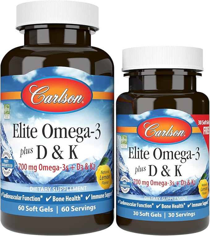 Carlson - Elite Omega-3 Plus D &amp K 700 mg Omega-3s + D3 &amp K2 Function Bone Health &amp Immune Support Lemon 60+30 Softgel