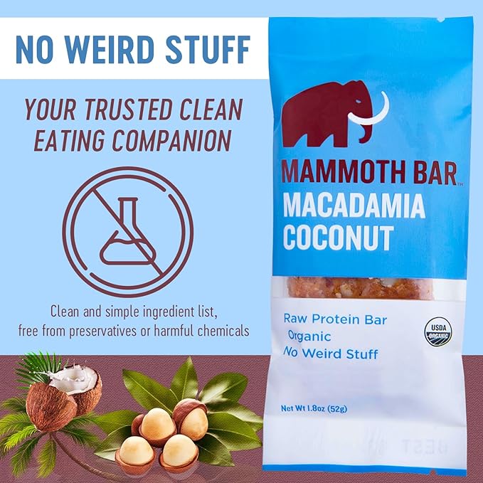 Mammoth Bar Macadamia Coconut Bar - 10 Organic Protein Bars – Prebiotic • Paleo • Gluten Free • Egg Protein • GMO Free • Raw • Premium Nuts