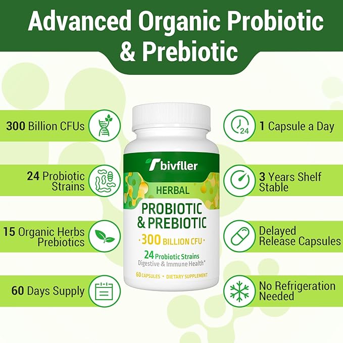 Probiotics for Women Men- 300 Billion CFU 24 Strains Probiotic+15 Organic Herbs Prebiotics Blend Pre and Probiotics for Digestive Health Immune &amp Gut Diarrhea Bloating Vegan 8 Month Supply