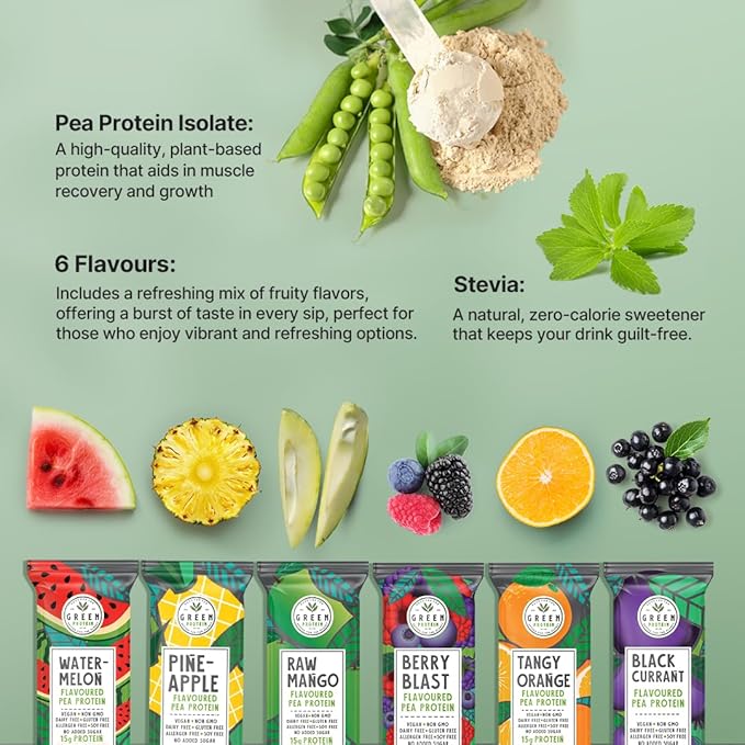 GreenProtein | Vegan Plant Pea Protein Isolate Powder | Dairy Gluten Allergen &amp Soy Free No Added Sugar | Pineapple Black Currant Berry Blast Watermelon Raw Mango &amp Orange | Pack of 30