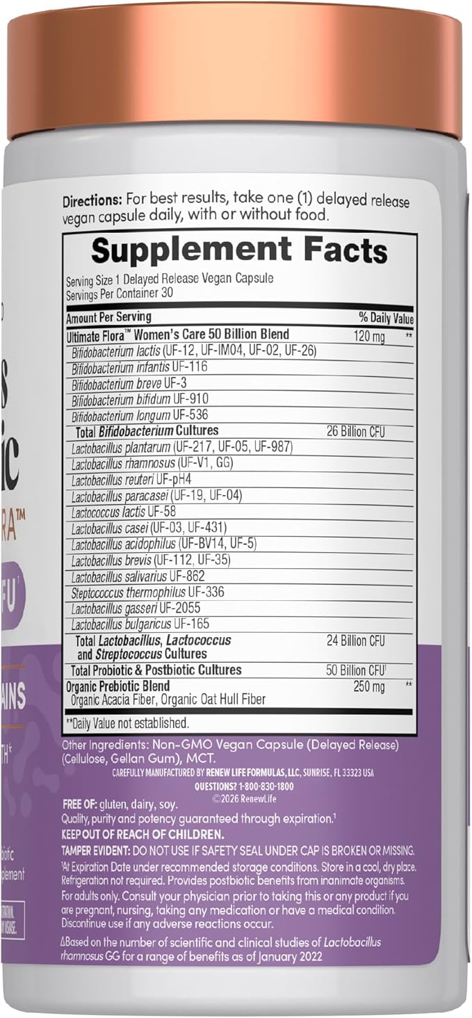 Renew Life Ultimate Flora Probiotics for Women | 50 Billion CFU | 30 Delayed Release Vegan Capsules | Digestive &amp Vaginal Health | Dairy Soy and Gluten Free Supplement