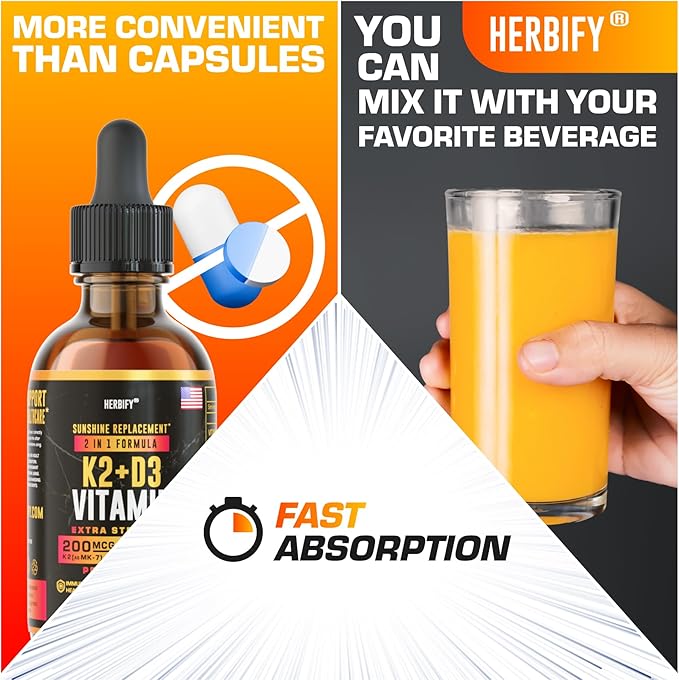 HERBIFY Bundle - Lions Mane Drops &amp K2 and D3 Drops - Brain Support &amp Bone Strength