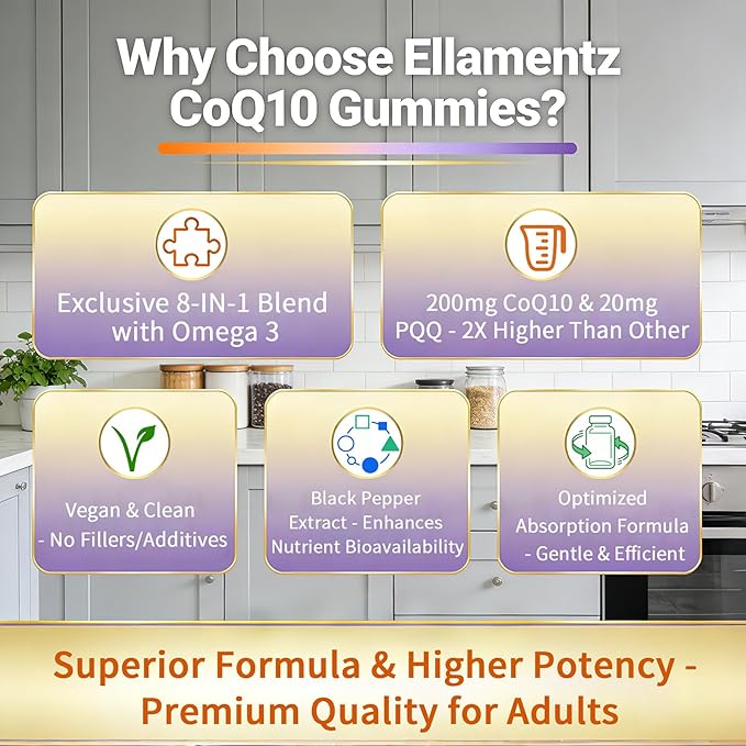 CoQ10 Gummies 200mg with PQQ Red Yeast Rice &amp Omega 3 | High Absorption Coenzyme Q10 Supplements for Hear-t Health Brain &amp Cellular Energy | Sugar-Free Vegan 120 Counts