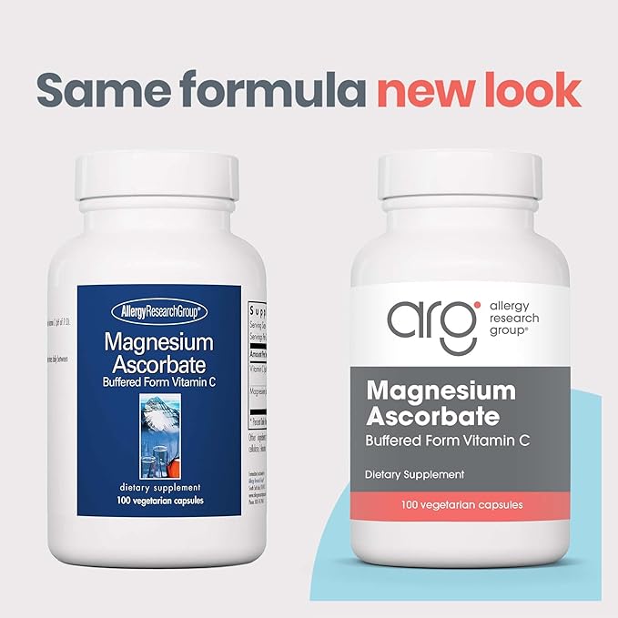 Allergy Research Group Magnesium Ascorbate Supplement - 1000mg Buffered Vitamin C Immune Support Magnesium Powder Vegetarian Capsules - 100 Count