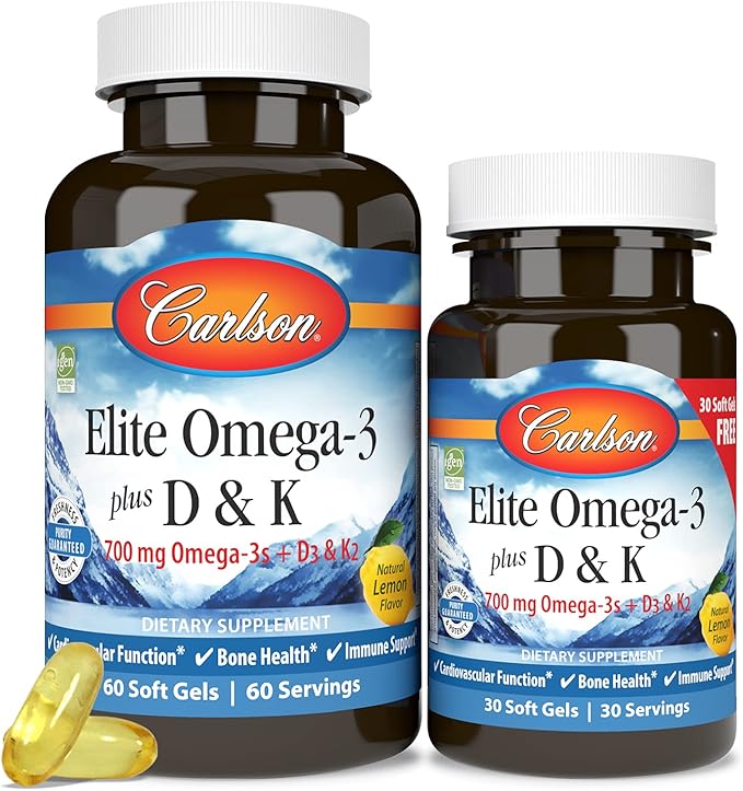 Carlson - Elite Omega-3 Plus D &amp K 700 mg Omega-3s + D3 &amp K2 Function Bone Health &amp Immune Support Lemon 60+30 Softgel
