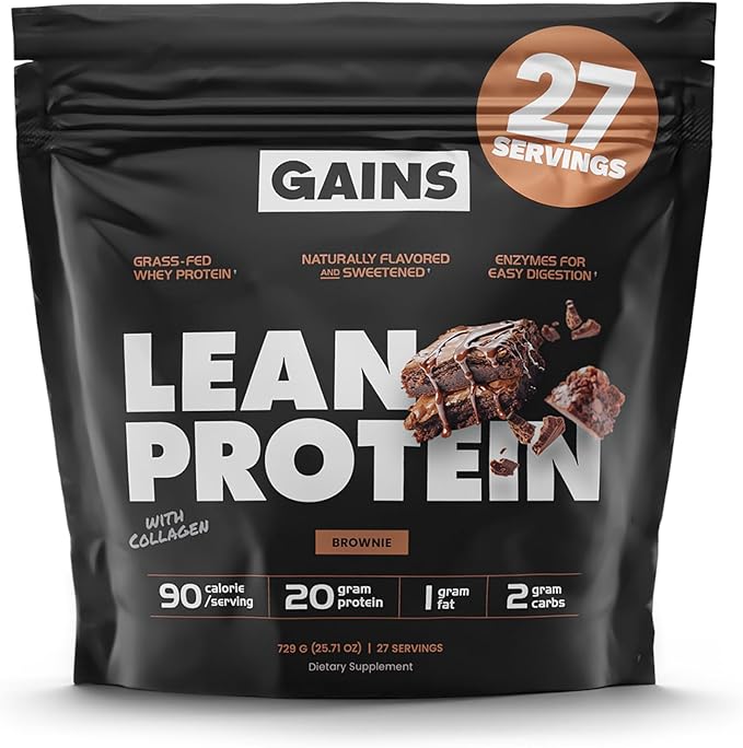 Gains in Bulk Lean Protein Powder with Collagen Peptides Gluten Free Grass Fed Whey 20 G Protein &amp 5 G Collagen Plant Enzymes to Support Digestion Natural Ingredients Brownie Flavor 27 Servi