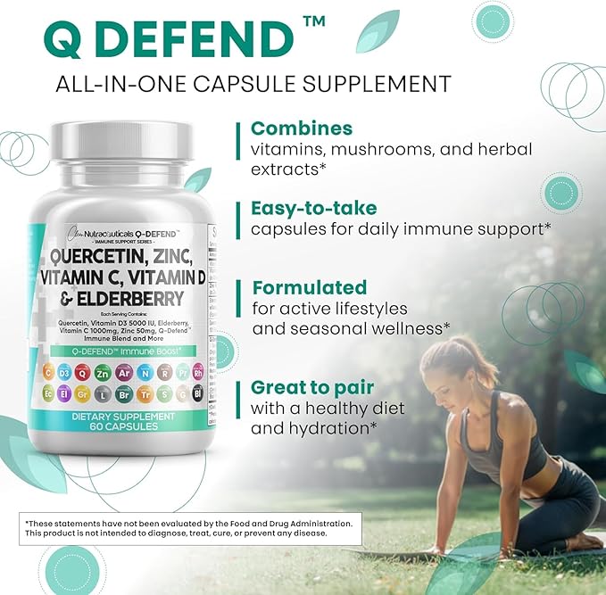 Q Defend Quercetin Supplement with Zinc Vitamin C Vitamin D Elderberry Turmeric Black Pepper Garlic Ginger Sea Moss Lysine Stinging Nettle Reishi Immune Support 60 Capsules Pack of 2 by Clean Nutra
