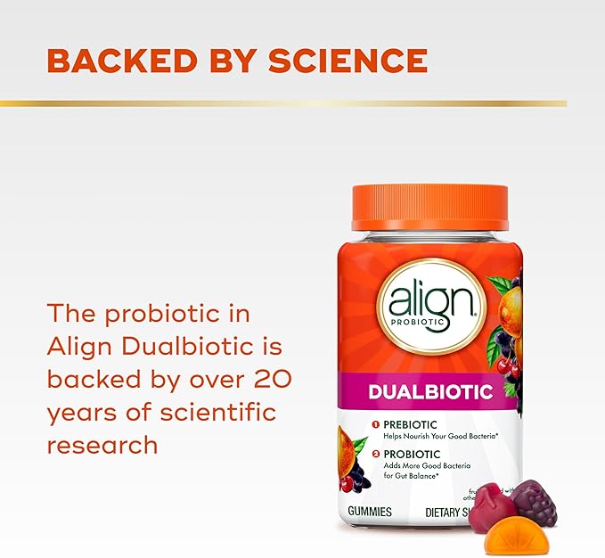 Align Dualbiotic Prebiotics and Probiotics for Women and Men Probiotics for Digestive Health Prebiotics Help Nourish Good Bacteria Natural Fruit Flavors 60 Probiotic Gummies
