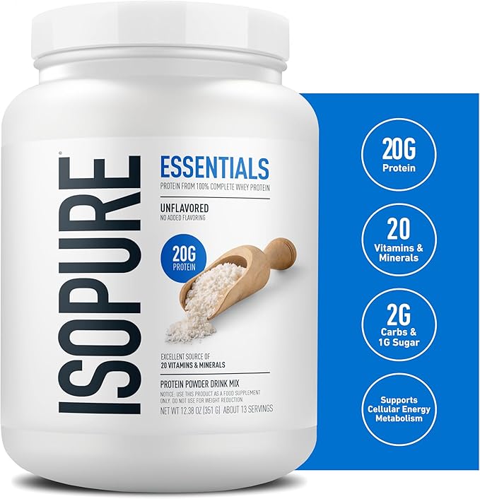 Isopure Essentials 100% Whey Protein Powder with Vitamins 20g Protein Per Serving Unflavored 13 Servings (Pack of 1)