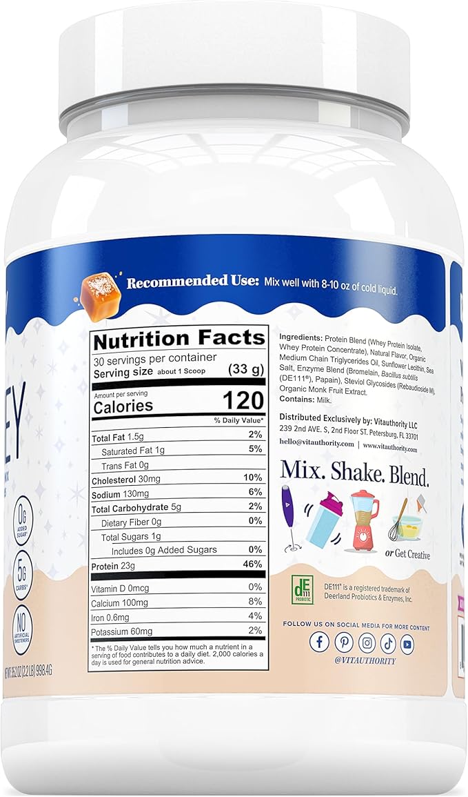 Whey Protein Powder for Women Whey Isolate Probiotics &amp Enzymes Supports Digestion Nutrient Absorption &amp Energy Post-Workout Nutrition Salted Caramel Flavored 30 Servings