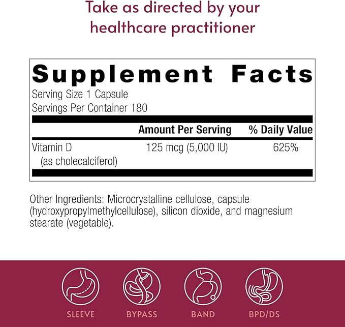 Bariatric Advantage Vitamin D3 5000 IU - Bariatric Vitamin D Capsules - Water-Miscible - Bone Strength Support* - Easy Swallow Capsule - 180 Count