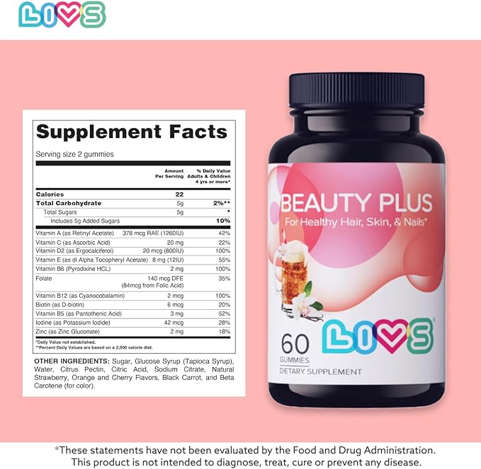 LIVS Beauty Plus Gummy Vitamins - Biotin Gummies for Hair Skin and Nails | Natural Gluten-Free Non-GMO Beauty Supplement with Vitamins A C E B12 D2 Zinc &amp More - Cream Soda Flavor - 120 Ct