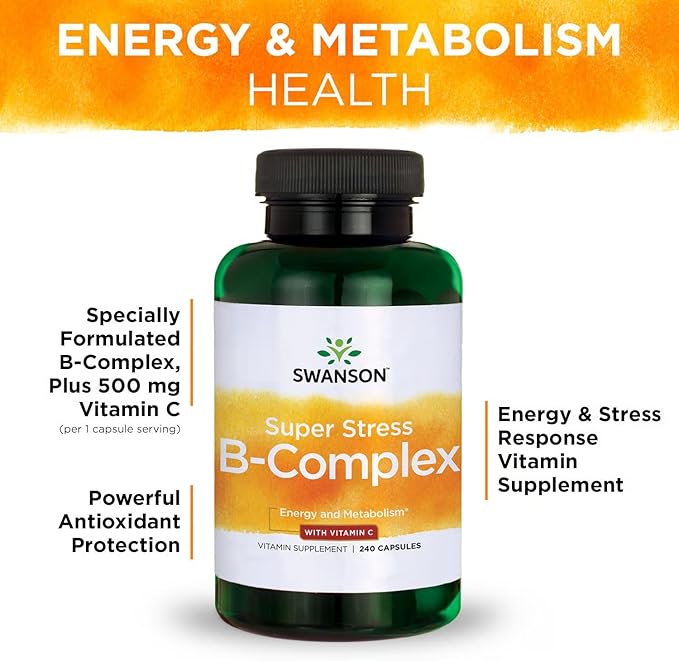 Swanson Super Stress B-Complex Energy and Wellness Supplement for Busy Adults Seeking Daily Vitamin B Support (240 Capsules 2 Pack)