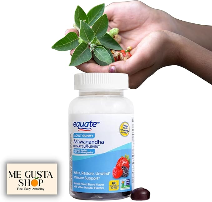 Equate Ashwagandha Vegetarian Gummy Supplement 60 Count + me Gusta stickes