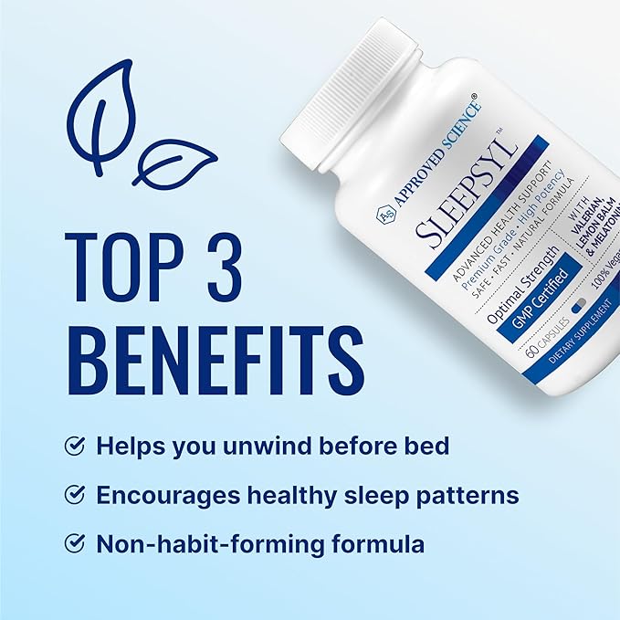 Approved Science Sleepsyl - Sleep Supplement - Valerian Root Lemon Balm Melatonin Chamomile L-Ornithine - Vegan 60 Capsules