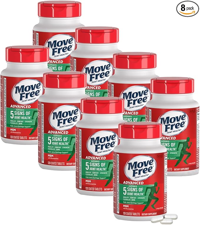 Move Free Advanced Glucosamine Chondroitin MSM Joint Support Supplement Supports Mobility Comfort Strength Flexibility &amp Bone 120 Tablets/40 Servings (8 Pack)