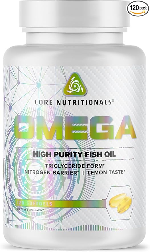 Core Nutritionals Omega High Purity Fish Oil | Triglyceride Form EPA &amp DHA | 1300mg Omega-3s | Brain &amp Heart Health Support | Lemon Taste | 120 Softgels