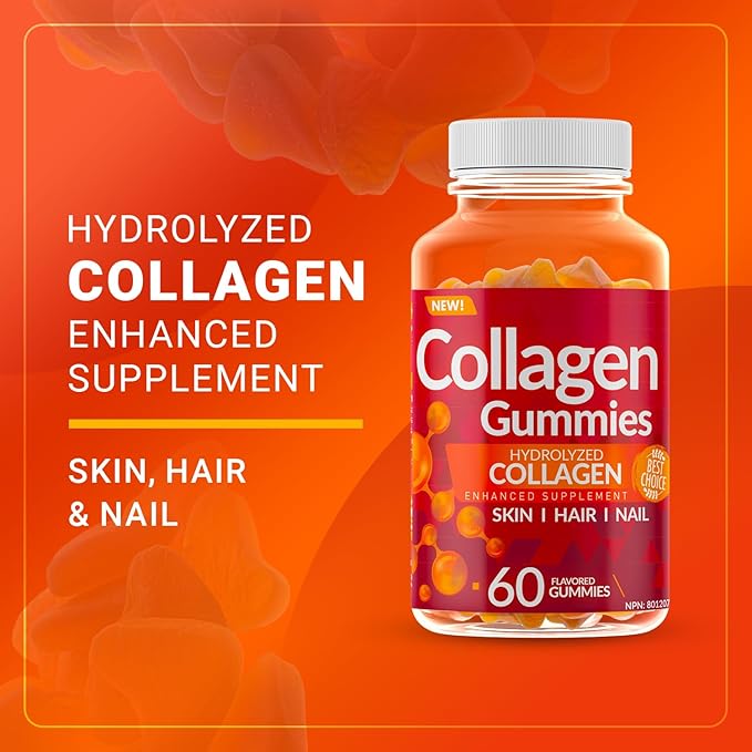 Enhanced Hydrolyzed Collagen Gummies - for Hair Skin and Nails. 60 Delicious Flavoured Gummies