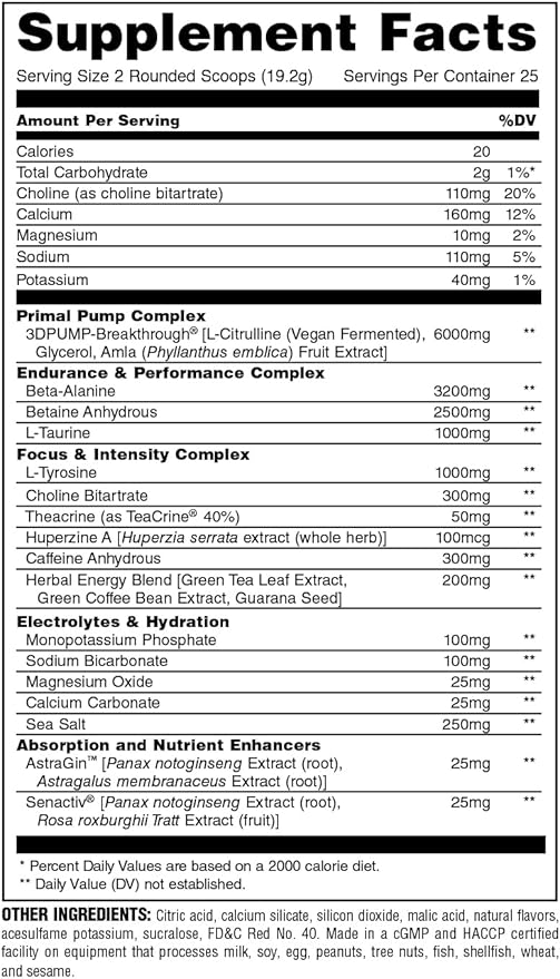 Animal Primal Muscle Hydration + Preworkout Powder – Contains Beta Alanine 3DPump Caffeine &amp Electrolytes – Improves Energy Focus Endurance &amp Absorption – New Dragon Berry Flavor 16.9 oz