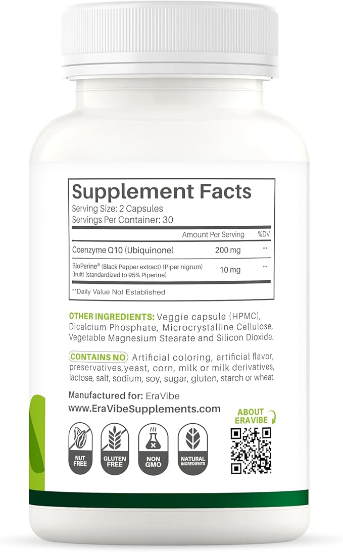 Pure CoQ10 Energy Support High Absorption with Bioperine 200 mg per Serving 60 Veggie Capsules Gluten-Free Non-GMO
