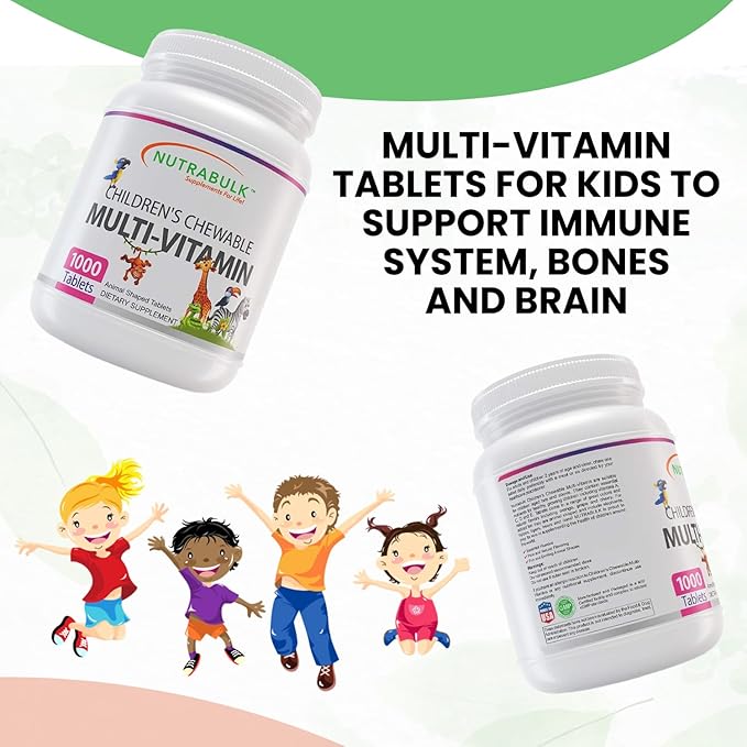 NutraBulk Kids Multivitamin – Kids Vitamins A C D3 E B-Complex Folic Acid with Animal Shapes &amp Fruity Flavors – No Artificial Dyes – Children's Chewable Multivitamin Bulk Family Value (1000 Table