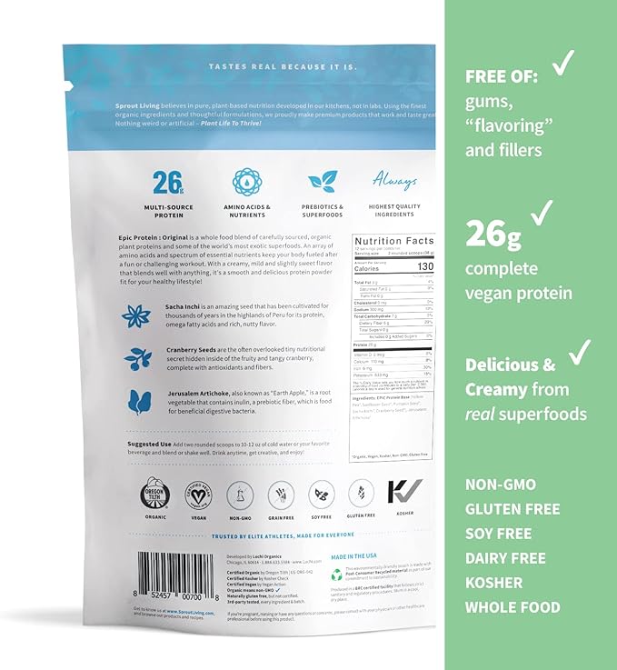 Sprout Living Epic Protein Bundle - Original Chocolate Maca &amp Vanilla Lucuma (20-26g Organic Plant-Based Protein Powder Vegan Superfoods) | 1lb 12 Servings