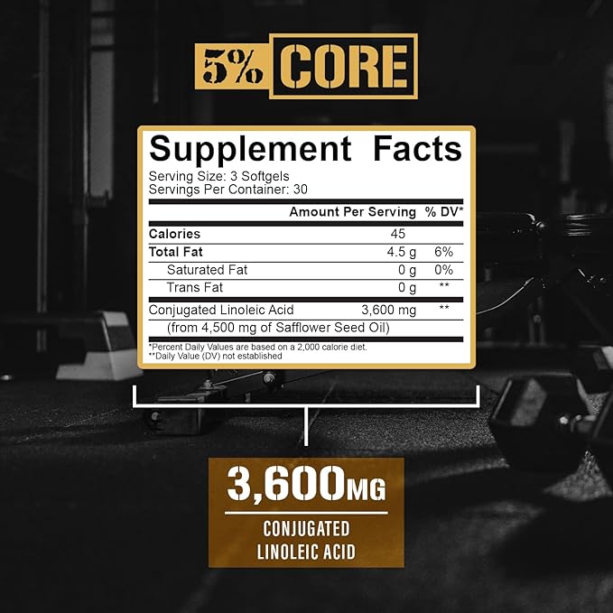 5% Nutrition Core CLA Supplement for Weight Loss Metabolism Support &amp Muscle Preservation | 3600 mg of Conjugated Linoleic Acid from 4500 mg of Safflower Oil (30 Servings / 90 Softgels)