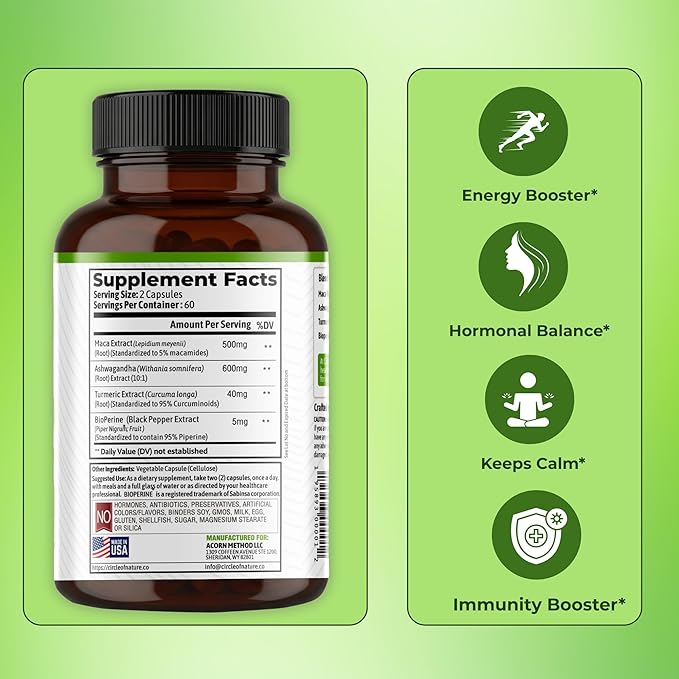 Maca Root Ashwagandha Root Extract Capsules for Men &amp Women with Turmeric Curcumin and Bioperine 120 Capsules Made in USA