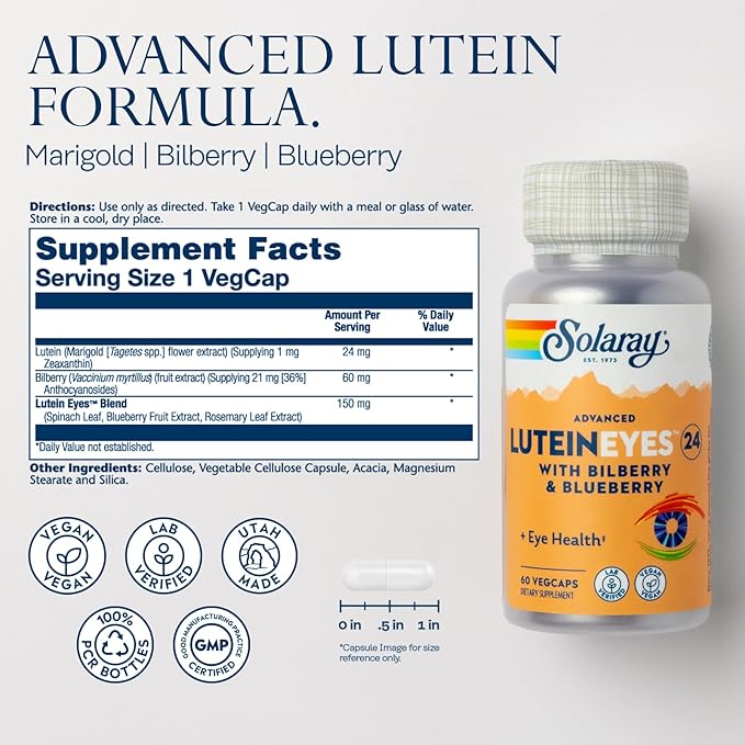 SOLARAY Advanced Lutein Eyes 24 mg - Lutein and Zeaxanthin Supplements - Eye Health Support with Blueberry and Bilberry Extract - Vegan 60-Day Guarantee Lab Verified - 60 Servings 60 VegCaps