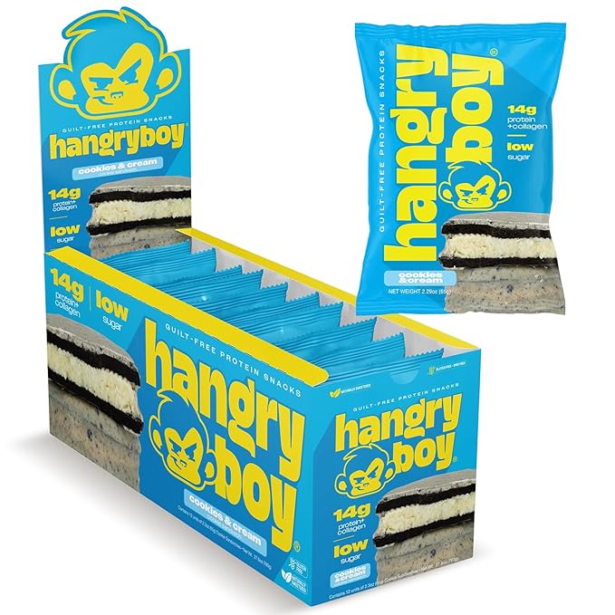 Hangryboy Protein Cookie Sandwich – 14g High Protein Gluten‑Free GMO‑Free Cookies - Perfect on The Go Protein Snack Cookies and Cream 12‑Count Box