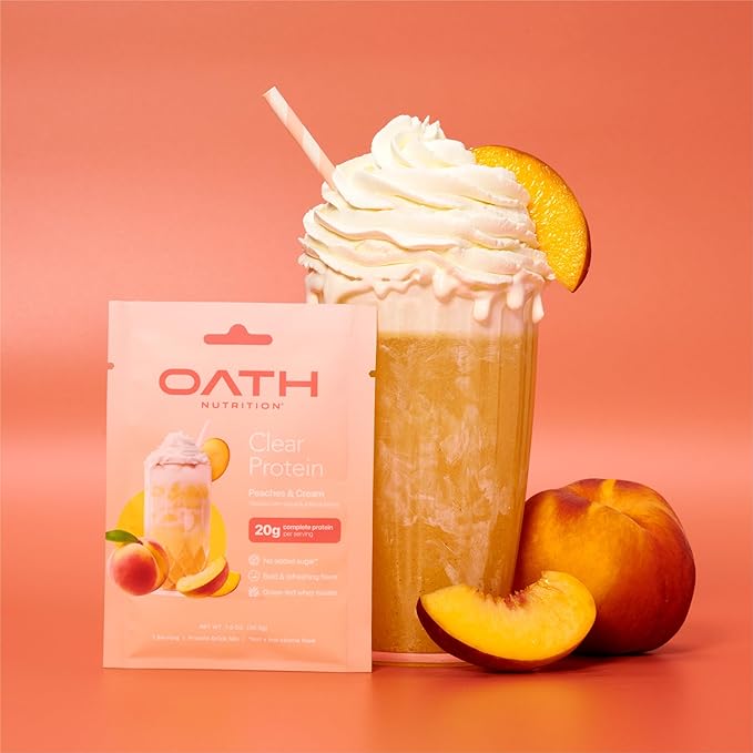 Oath Nutrition Clear Whey Isolate Protein Powder Peaches &amp Cream 20g Complete Protein per Serving No Added Sugar Grass-Fed Single Serving (6 Count)