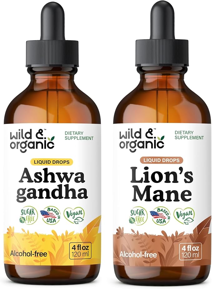 Wild &amp Organic Ashwagandha Tincture 4 fl oz &amp Lion's Mane Tincture 4 fl oz