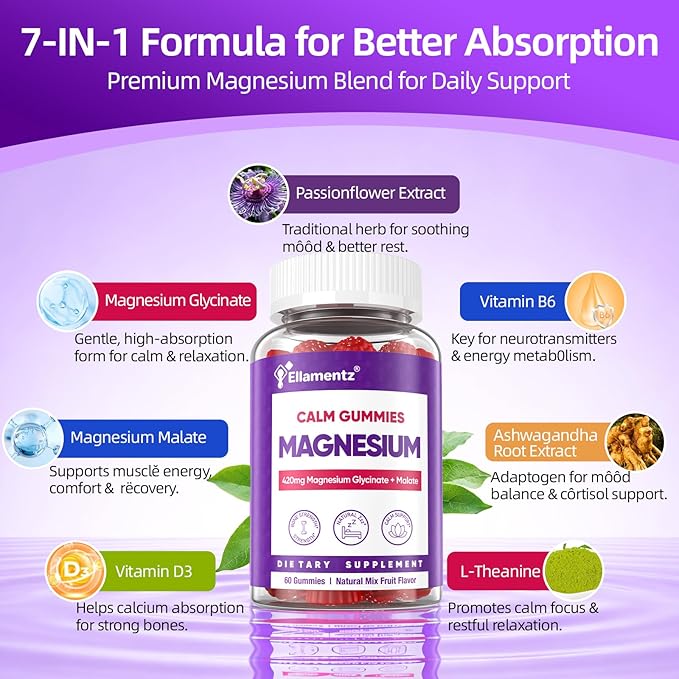 Magnesium Glycinate Gummies 420mg for Men &amp Women - Melatonin Free Magnesium Supplement with Malate Ashwagandha L-Theanine D3 &amp B6 for Brain Calm Musclě Health &amp Sleep Support 120Cts