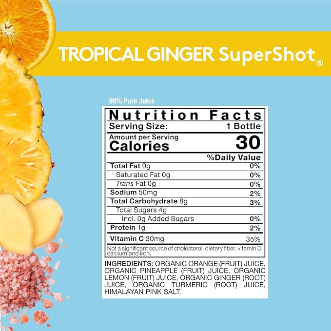 Sol-ti Organic Tropical Ginger SuperShot Drink Aids in Collagen Production and Promotes Skin Elasticity SuperFood Cold-Pressed Fruit Juice Blend 12 Pack (2.1 Fl oz)