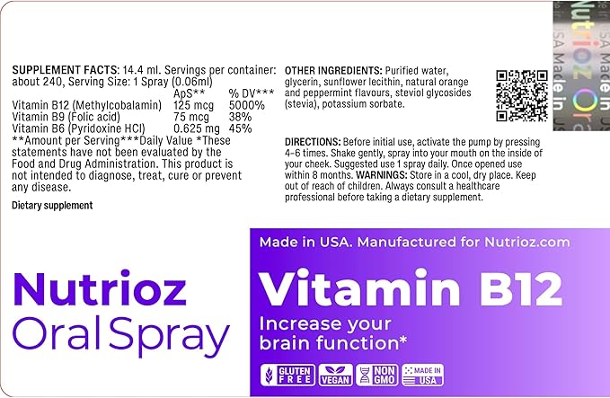 Vitamin B12 Oral Spray with Folate (B9) &amp Vitamin B6 Methylcobalamin Liquid B12 Supplement Vegan Gluten Free Non-GMO Orange &amp Peppermint Flavor 14.4 ml