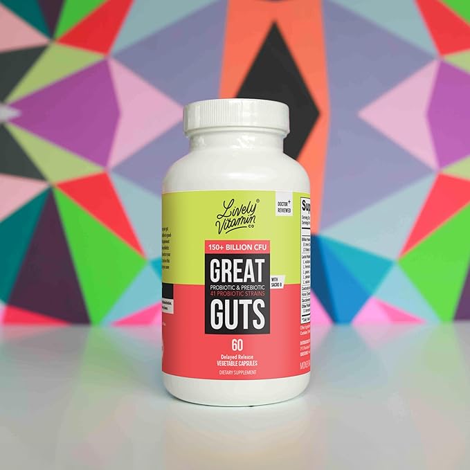 LIVELY VITAMIN CO. Great Guts Probiotic 50 Billion CFU Probiotic - Balance Gut Microbiome GI Tract Inflammation Indigestion Reflux Upset Stomach &amp Diarrhea - 90 Caps